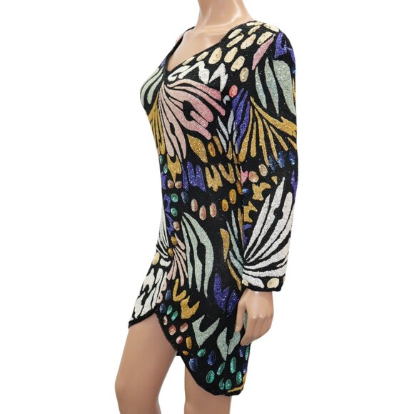 EXTRAORDINARY Vintage ART DECO Sequin Abstract Mini PARTY Dress Long Sleeve S - Picture 6 of 12